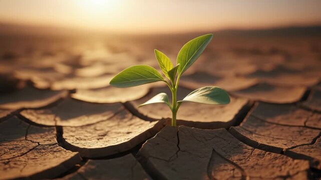 A young green sprout emerges defiantly from parched cracked earth symbolizing resilience and the enduring power of nature against harsh arid conditions