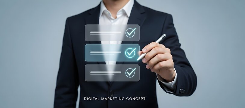 Businessman Touching Glowing Digital Checklist with Blue Checkmarks on Virtual Screen, Digital Marketing Concept for Business Task Management Approval Process Quality Control and Corporate 