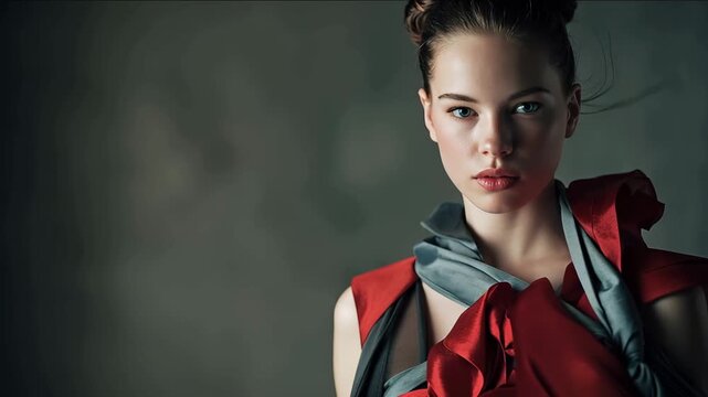 A young woman with blue eyes and a bun dramatically poses with flowing red fabric. She wears an artistic patchwork dress in grey and burgundy. A sense of high-fashion drama and movement.