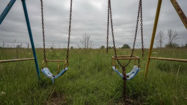 An empty swing set stands in a grassy field under a cloudy sky creating a nostalgic scene with the natural landscape and somber atmosphere