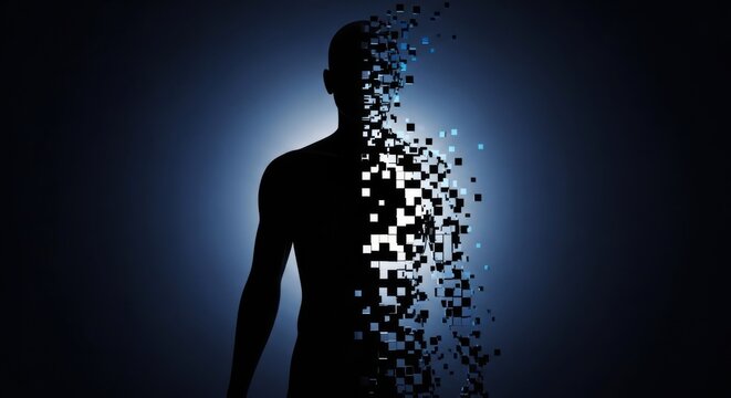 Human silhouette disintegrating into digital data squares