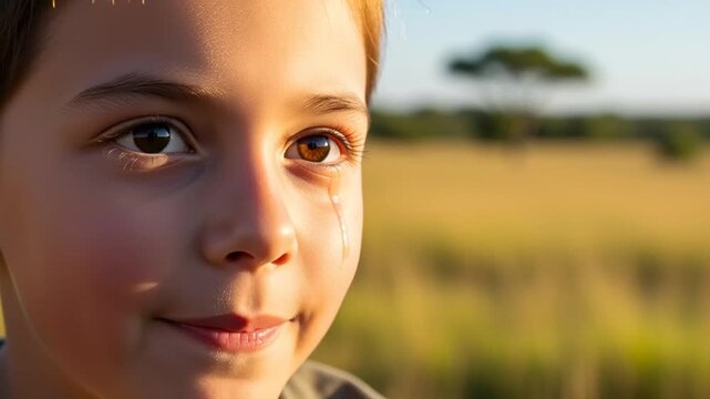 A young boy with a missing tooth smiling outdoors in a field on a sunny day