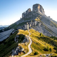 Scenic mountain ridge view with winding path leading to a rocky peak under clear sky