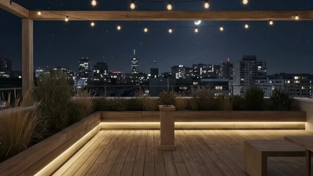 A city skyline illuminated with bright lights during dusk from a rooftop terrace with seating area and string lights creating a cozy ambiance overlooking urban buildings