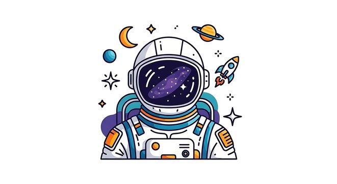 Illustration of a space-suited individual with celestial bodies and a rocket, all rendered in vibrant, playful colors against a white backdrop