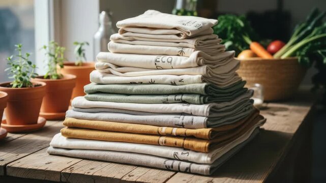 A stack of neatly folded kitchen towels sits on a rustic wooden counter near potted plants and fresh vegetables bathed in soft natural light