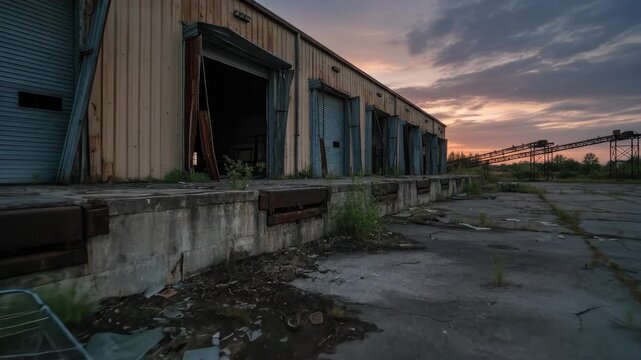Abandoned industrial facility with deteriorating structures and overgrown surroundings under a colorful evening sky evoking a sense of solitude and decay in an urban environment