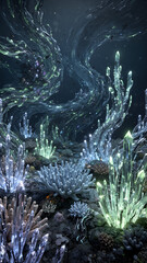 Glowing ice formations in dark environment