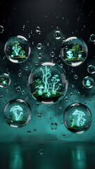 Glowing green bubbles floating on water with fractal patterns
