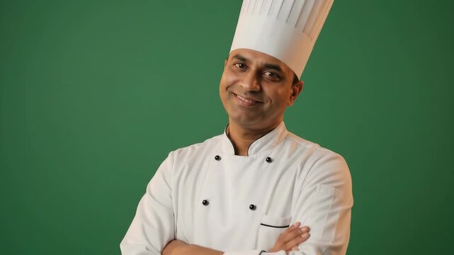 A smiling chef in a white uniform and toque hat stands with arms crossed against a vibrant green background confidently showcasing culinary expertise and professionalism