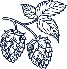 Naklejka premium hops plant branch with cones and detailed leaves black line art illustration