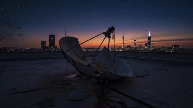 A satellite dish stands on a rooftop against a vibrant sunset City skyline silhouettes are visible in the distance marking the end of a day
