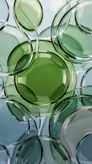 Green and clear glass orbs on reflective surface