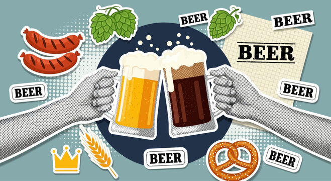 Cheers to oktoberfest two hands clinking frothy beer mugs filled with golden lager and dark stout surrounded by festive german symbols like pretzels sausages hops wheat stalks and a crown evoking