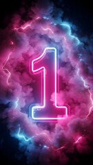 Neon number one in pink and blue cloudy background
