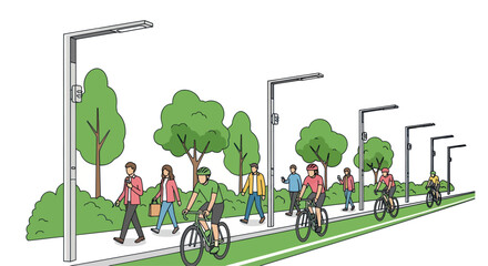 Urban Park Path: Cyclists and Pedestrians Enjoying a Green City Trail © Maryati