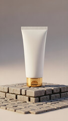 A luxurious white and gold cosmetic tube on a brick surface