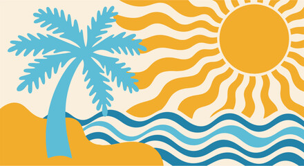 Vibrant beach scene with palm tree wavy ocean and bright sun in warm colors perfect for travel and summer themes © craftsby.ib