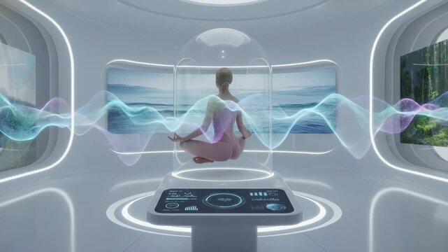 A futuristic scene with a woman floating in a sleek high tech pod surrounded by glowing blue screens and transparent windows showing a lush green landscape outside