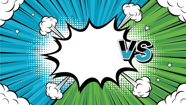 Comic book style versus speech bubble with blue and green rays dynamic cartoon background with clouds opposition and competition theme vibrant colors and bold graphics