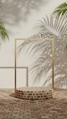 A serene outdoor setting with a gold frame and palm trees