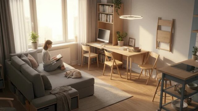 Cozy living room featuring a sofa coffee table bookshelf computer and large window with natural light creating a warm inviting atmosphere
