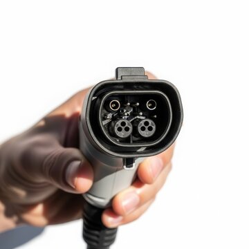 Close-up of a person holding an electric vehicle charging connector for battery recharge.