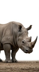 Fototapeta premium Powerful portrait of a large rhinoceros standing against a stark white background, emphasizing massive size and armored skin textures, pachyderm, full length, majestic