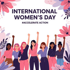 Fototapeta premium Celebrating international women's day with unity and solidarity among women from diverse backgrounds through a vibrant and empowering illustration