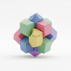 Fototapeta premium Colorful interlocking 3d geometric blocks forming a complex abstract cluster on white background
