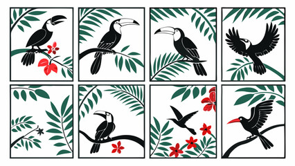 Fototapeta premium Tropical Toucan Bird Collection Set Jungle Foliage Design Elements for Wallpaper Print Textile Packaging