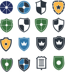 Collection of 16 shield logos and icons