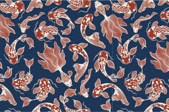 Vibrant koi fish swim in elegant pattern on blue wave background