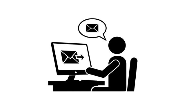 Person sending an email on a computer with an envelope icon.
