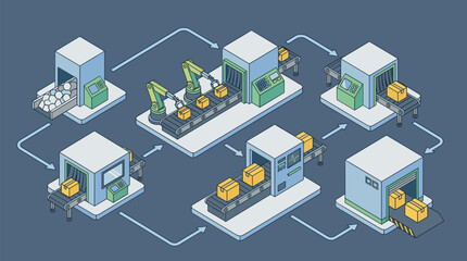 Fototapeta premium Automation process system isometric modules workflow steps flat vector industrial automation concept