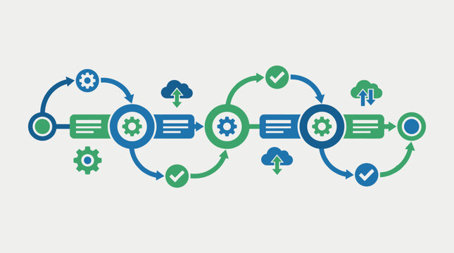 Automated workflow system diagram process steps nodes arrows geometric flat vector business automation efficiency visualization concept