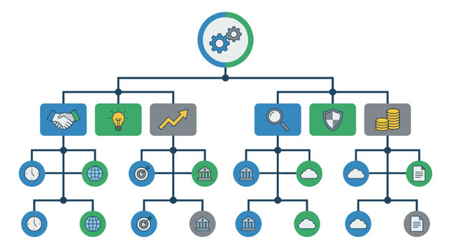 Business decision tree structure branching outcomes geometric flat vector strategy analysis concept
