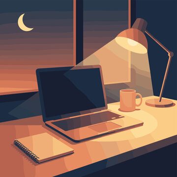 End of workday shutdown routine desk evening calm textured flat vector productivity closure concept