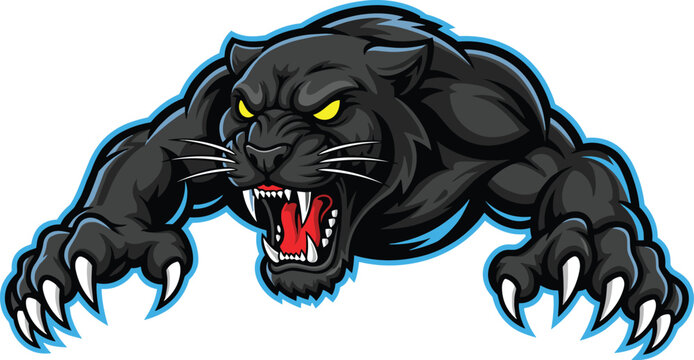 Aggressive black panther mascot vector illustration, fierce wild cat esport logo, predatory animal head with sharp claws and yellow eyes.