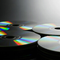 Fototapeta premium Stack of Blank CDs with Rainbow Reflections on Dark Surface Close-Up High Detail Technology Media