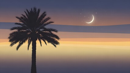 Obraz premium Serene tropical sunset with crescent moon and palm tree silhouette