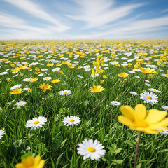Fototapeta premium Vast field of white and yellow daisies blooming under a bright blue sky with fluffy clouds on a sunny day, showcasing nature's beauty and vibrant springtime colors