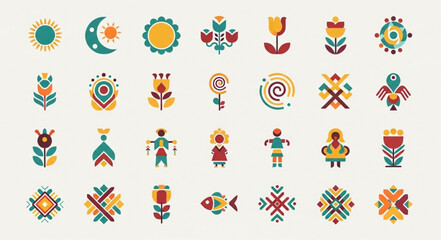 Collection of Folk Art Inspired Decorative Icons and Symbols. © Rose