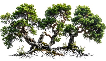 Three gnarled trees with twisted roots and green foliage stand against a bright, neutral background