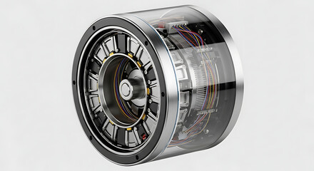 Naklejka premium Internal Cutaway View of a High-Efficiency Industrial Electric Motor or Generator Showing Windings and Rotor for Renewable Energy Systems and Sustainable Power Generation Infrastructure Development.