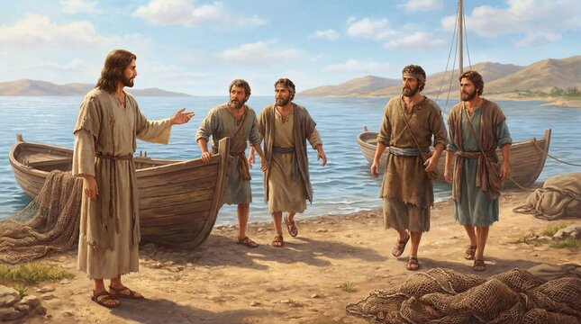 Jesus Christ's divine calling, inviting humble fishermen, transforming them into fishers of men, beginning their sacred ministry, spreading God's Kingdom by the tranquil sea