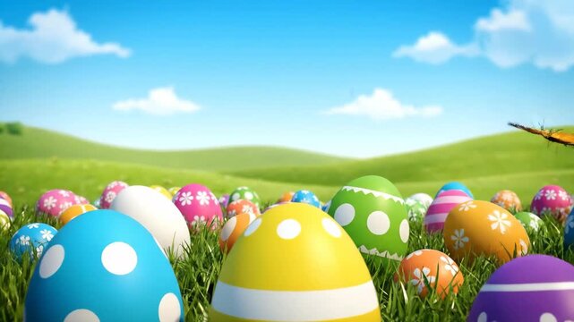 Colorful decorated easter eggs scattered across a lush green meadow for a traditional holiday hunt. A beautiful butterfly flies over the field under a sunny blue sky on a spring day