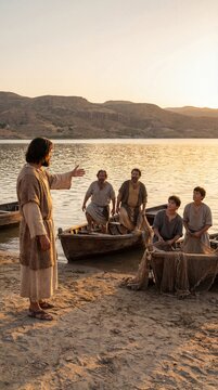 Jesus Christ calls first disciples, inspiring humble fishermen to abandon nets, embrace divine purpose, transforming them into fishers of men, proclaiming God&rsquo;s Kingdom, ancient lakeside setting