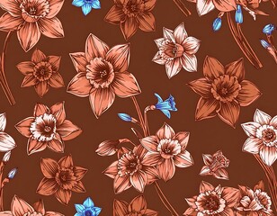 Seamless floral pattern.  Salmon daffodils & bluebell flowers on chocolate background. Elegant vintage style repeat