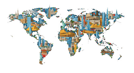 Fototapeta premium A detailed world map created from an artistic compilation of well-known international landmarks and diverse architectural structures.